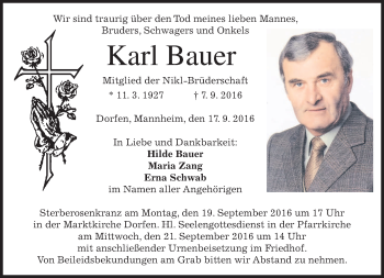 Traueranzeige von Karl Bauer von merkurtz
