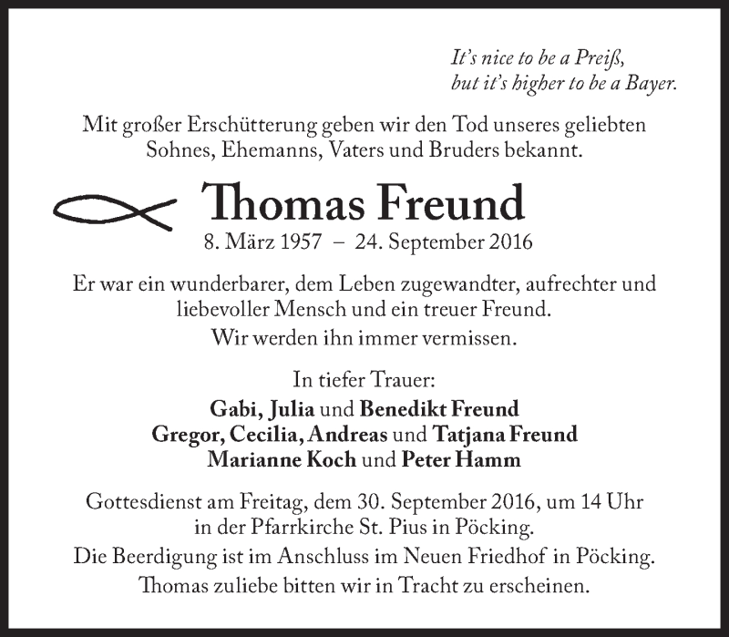  Traueranzeige für Thomas Freund vom 28.09.2016 aus merkurtz