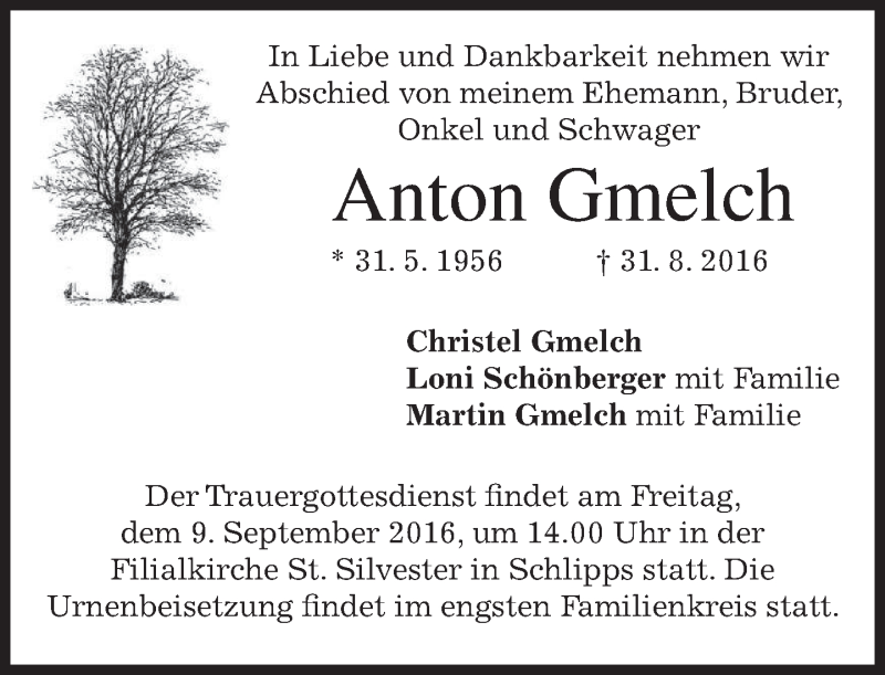  Traueranzeige für Anton Gmelch vom 07.09.2016 aus merkurtz