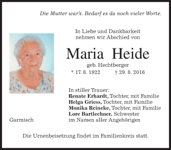 Traueranzeige von Maria Heide von merkurtz
