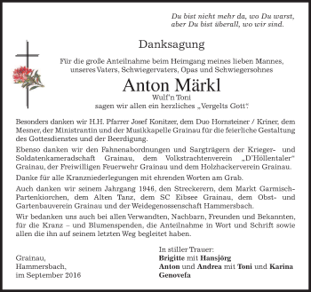 Traueranzeige von Anton Märkl von merkurtz