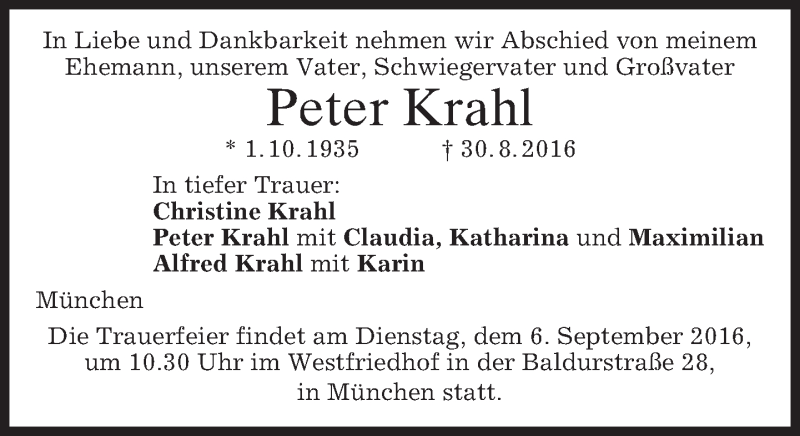  Traueranzeige für Peter Krahl vom 03.09.2016 aus merkurtz