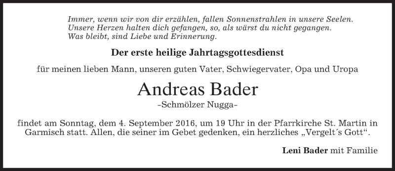  Traueranzeige für Andreas Bader vom 02.09.2016 aus merkurtz