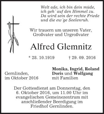 Traueranzeige von Alfred Glemnitz von merkurtz