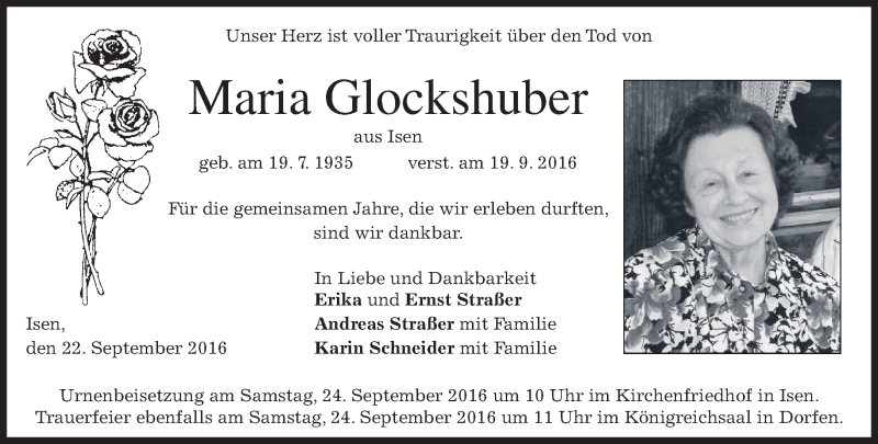  Traueranzeige für Maria Glockshuber vom 22.09.2016 aus merkurtz