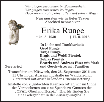 Traueranzeige von Erika Runge von merkurtz