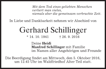 Traueranzeige von Gerhard Schillinger von merkurtz