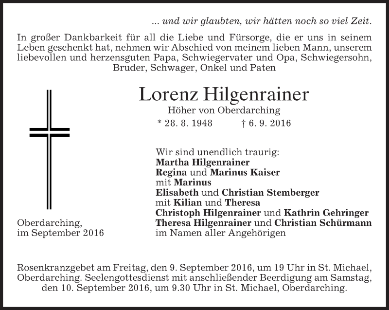 Traueranzeige für Lorenz Hilgenrainer vom 08.09.2016 aus merkurtz