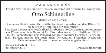 Traueranzeige von Otto Schinnerling von merkurtz