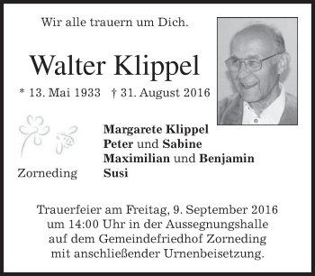 Traueranzeige von Walter Klippel von merkurtz