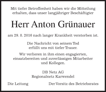 Traueranzeige von Toni Grünauer von merkurtz