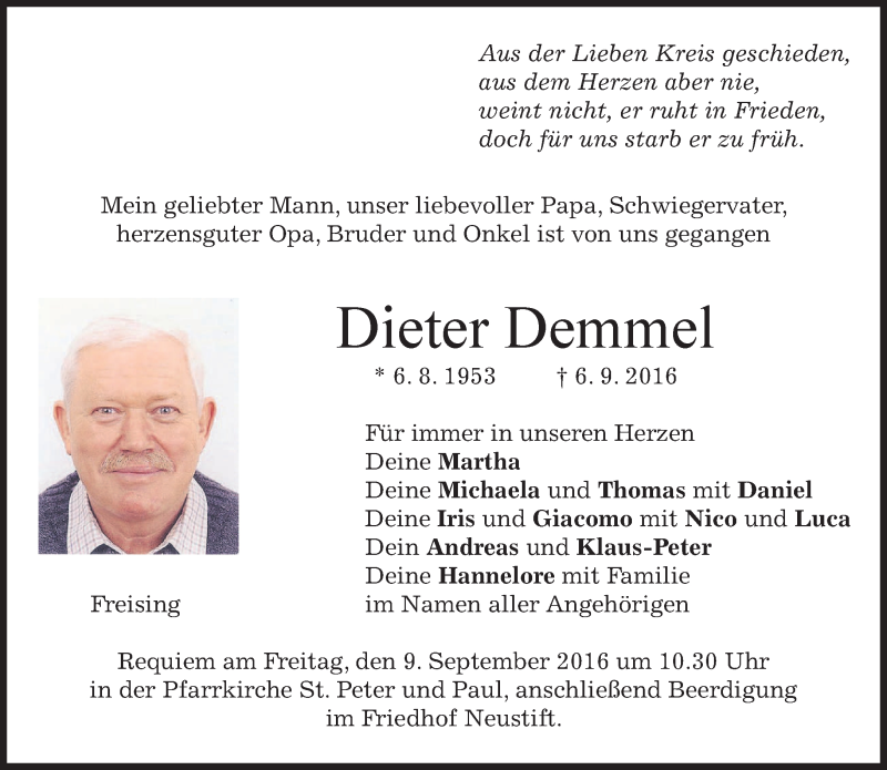 Traueranzeigen von Dieter Demmel | trauer.merkur.de