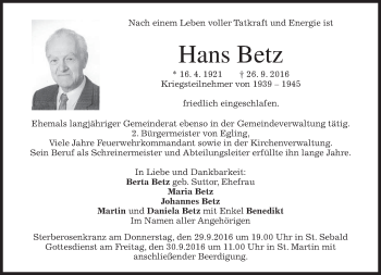 Traueranzeige von Hans Betz von merkurtz