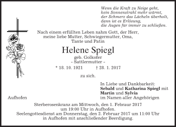 Traueranzeige von Helene Spiegl von merkurtz