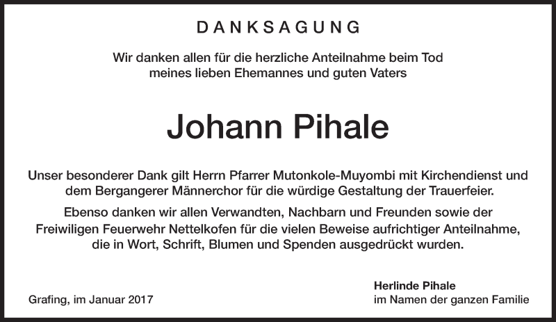  Traueranzeige für Johann Pihale vom 13.01.2017 aus merkurtz