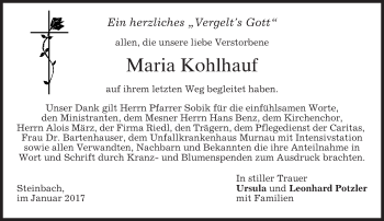 Traueranzeige von Maria Kohlhauf von merkurtz