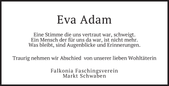 Traueranzeige von Eva Adam von merkurtz