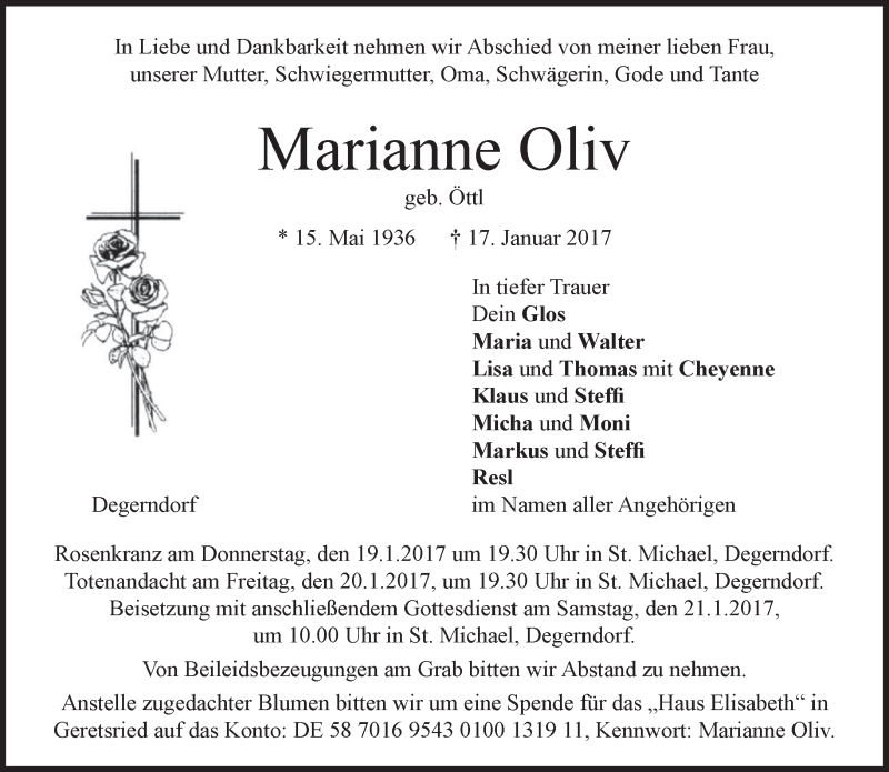  Traueranzeige für Marianne Oliv vom 19.01.2017 aus merkurtz