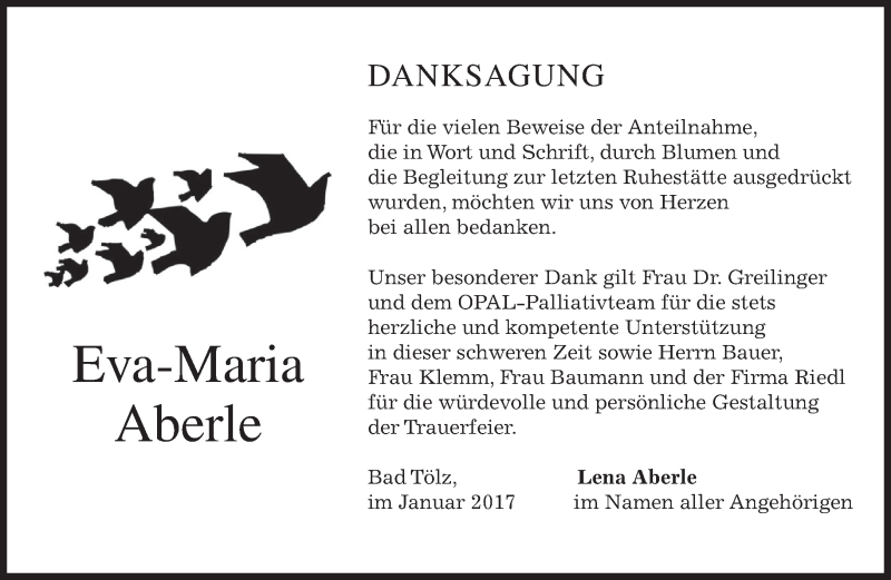  Traueranzeige für Eva-Maria Aberle vom 21.01.2017 aus merkurtz