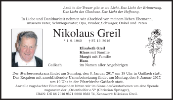 Traueranzeige von Nikolaus Greil von merkurtz