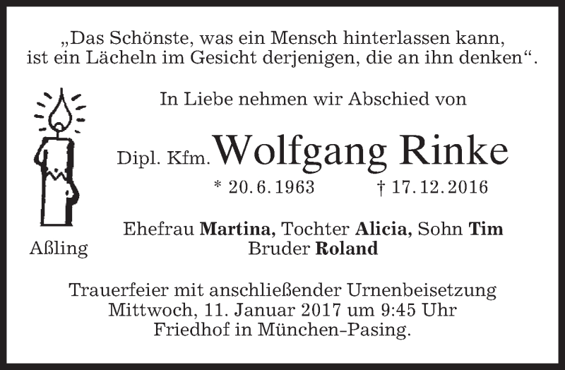  Traueranzeige für Wolfgang Rinke vom 07.01.2017 aus merkurtz