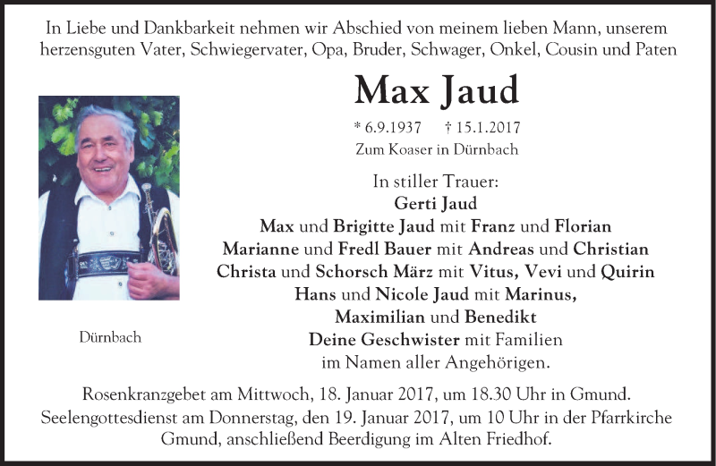  Traueranzeige für Max Jaud vom 16.01.2017 aus merkurtz