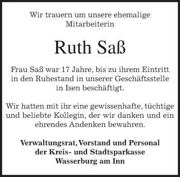 Traueranzeige von Ruth Saß von merkurtz