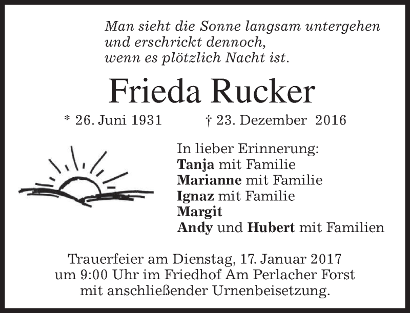  Traueranzeige für Frieda Rucker vom 14.01.2017 aus merkurtz