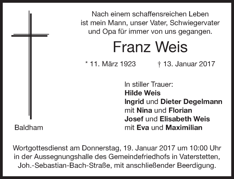  Traueranzeige für Franz Weis vom 16.01.2017 aus merkurtz