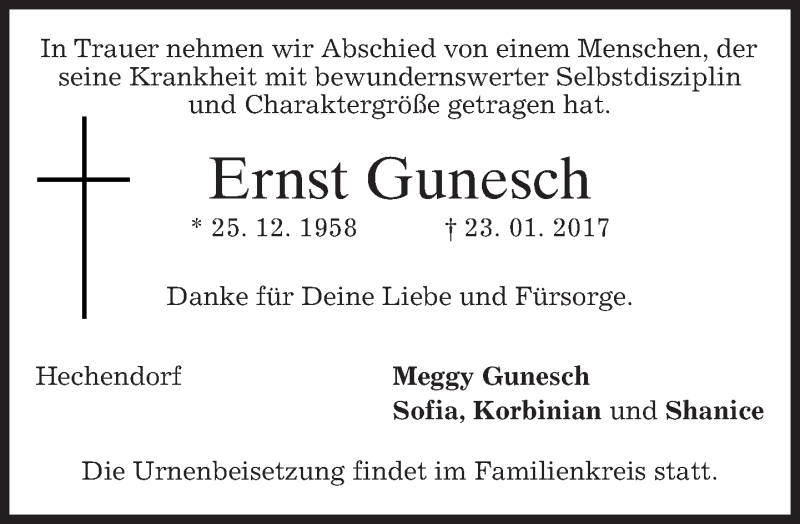  Traueranzeige für Ernst Gunesch vom 24.01.2017 aus merkurtz