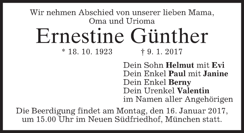  Traueranzeige für Ernestine Günther vom 14.01.2017 aus merkurtz