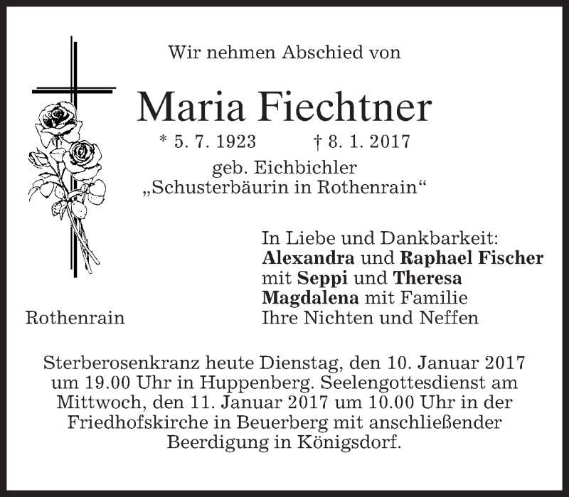  Traueranzeige für Maria Fiechtner vom 10.01.2017 aus merkurtz