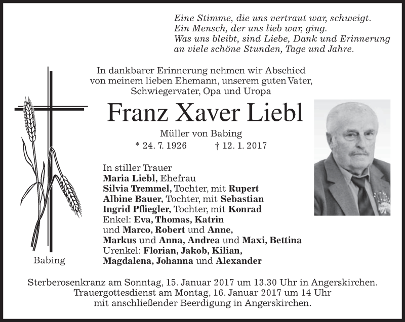  Traueranzeige für Franz Xaver Liebl vom 14.01.2017 aus merkurtz