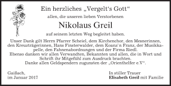 Traueranzeige von Nikolaus Greil von merkurtz