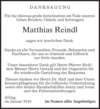 Traueranzeige von Matthias Reindl von merkurtz