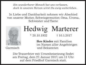 Traueranzeige von Hedwig Marterer von merkurtz