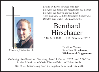 Traueranzeige von Bernhard Hirschauer von merkurtz