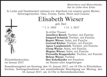 Traueranzeige von Elisabeth Wieser von merkurtz