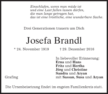 Traueranzeige von Josefa Brandl von merkurtz