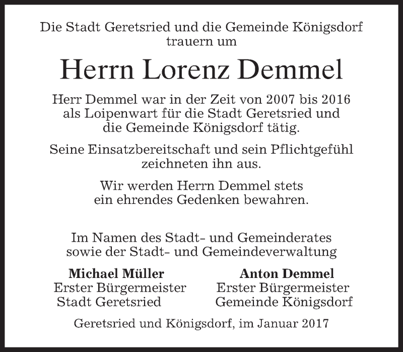  Traueranzeige für Lorenz Demmel vom 05.01.2017 aus merkurtz
