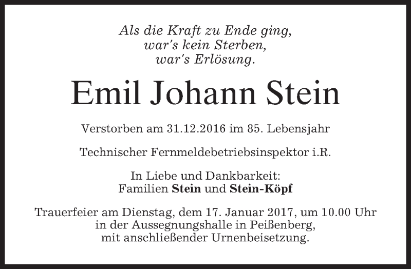 Traueranzeige für Emil Johann Stein vom 12.01.2017 aus merkurtz