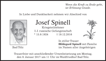 Traueranzeige von Josef Spinell von merkurtz