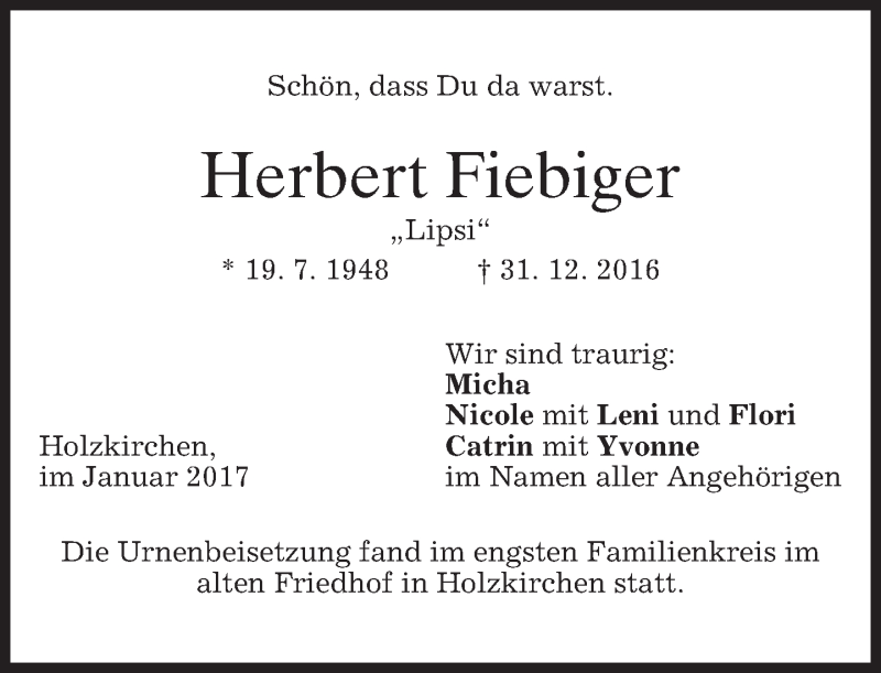  Traueranzeige für Herbert Fiebiger vom 21.01.2017 aus merkurtz