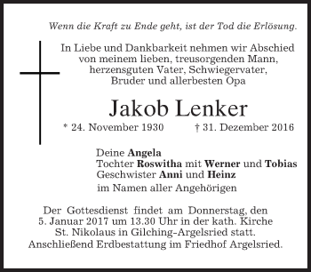Traueranzeige von Jakob Lenker von merkurtz