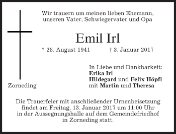 Traueranzeige von Emil Irl von merkurtz
