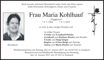 Traueranzeige von Maria Kohlhauf von merkurtz