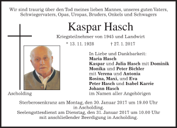 Traueranzeige von Kaspar Hasch von merkurtz
