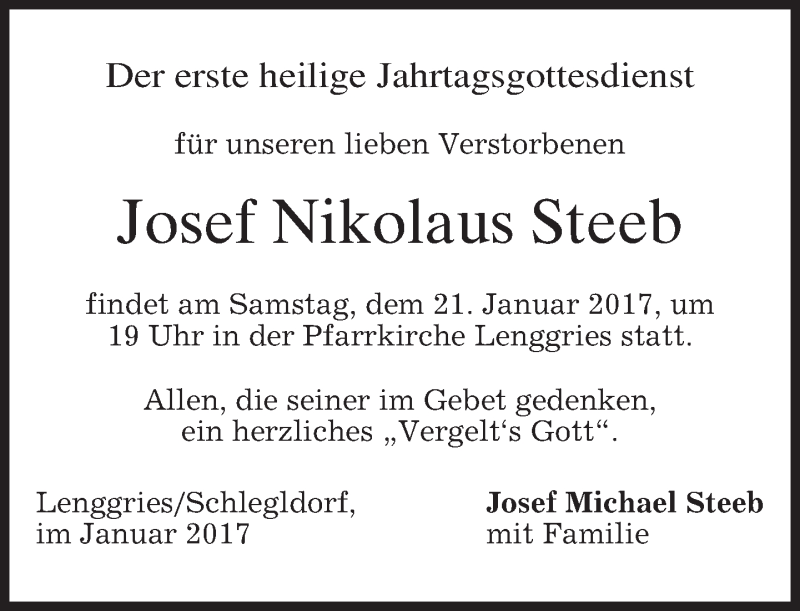  Traueranzeige für Josef Nikolaus Steeb vom 20.01.2017 aus merkurtz