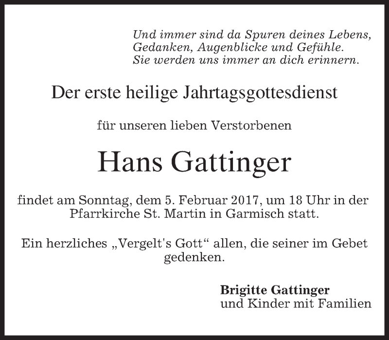  Traueranzeige für Hans Gattinger vom 28.01.2017 aus merkurtz