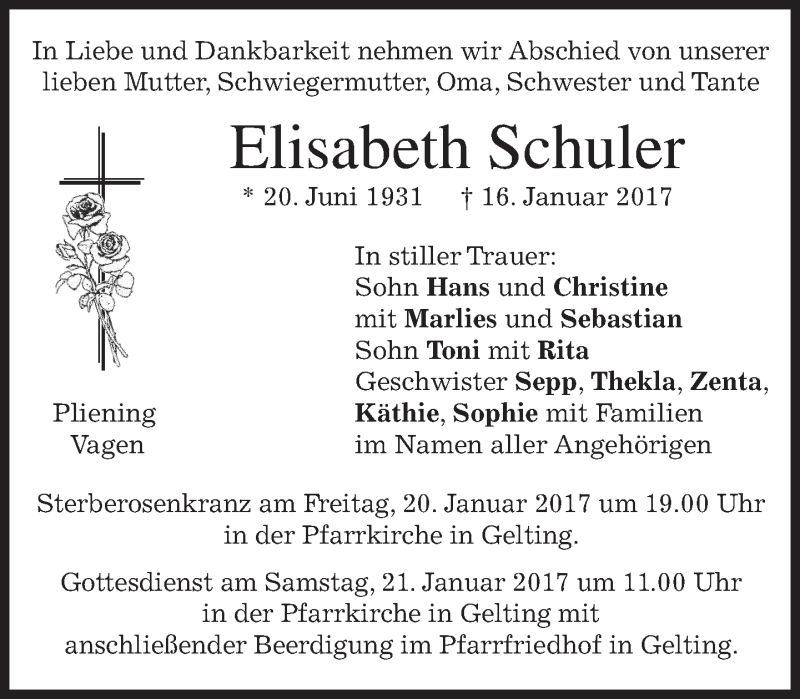  Traueranzeige für Elisabeth Schuler vom 19.01.2017 aus merkurtz